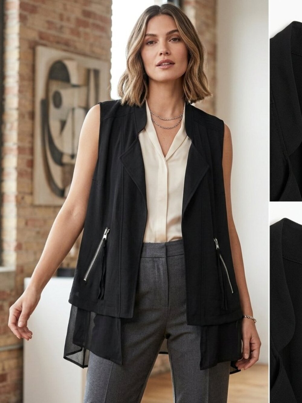 Chico's Open Front Vest Zip Top Jacket Pockets Size 1 (Medium)